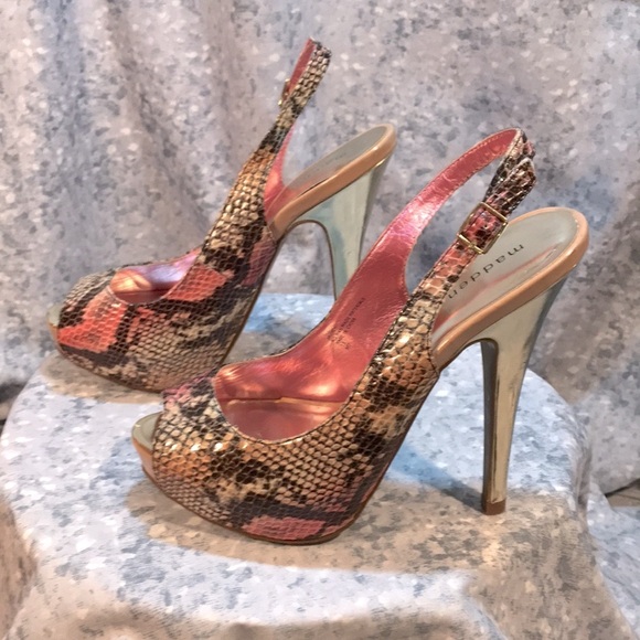 Women’s Madden Girl Pink & Black Snakeskin Peep Toe Sling Backs 5” Heel Size 7.5 - Picture 5 of 9